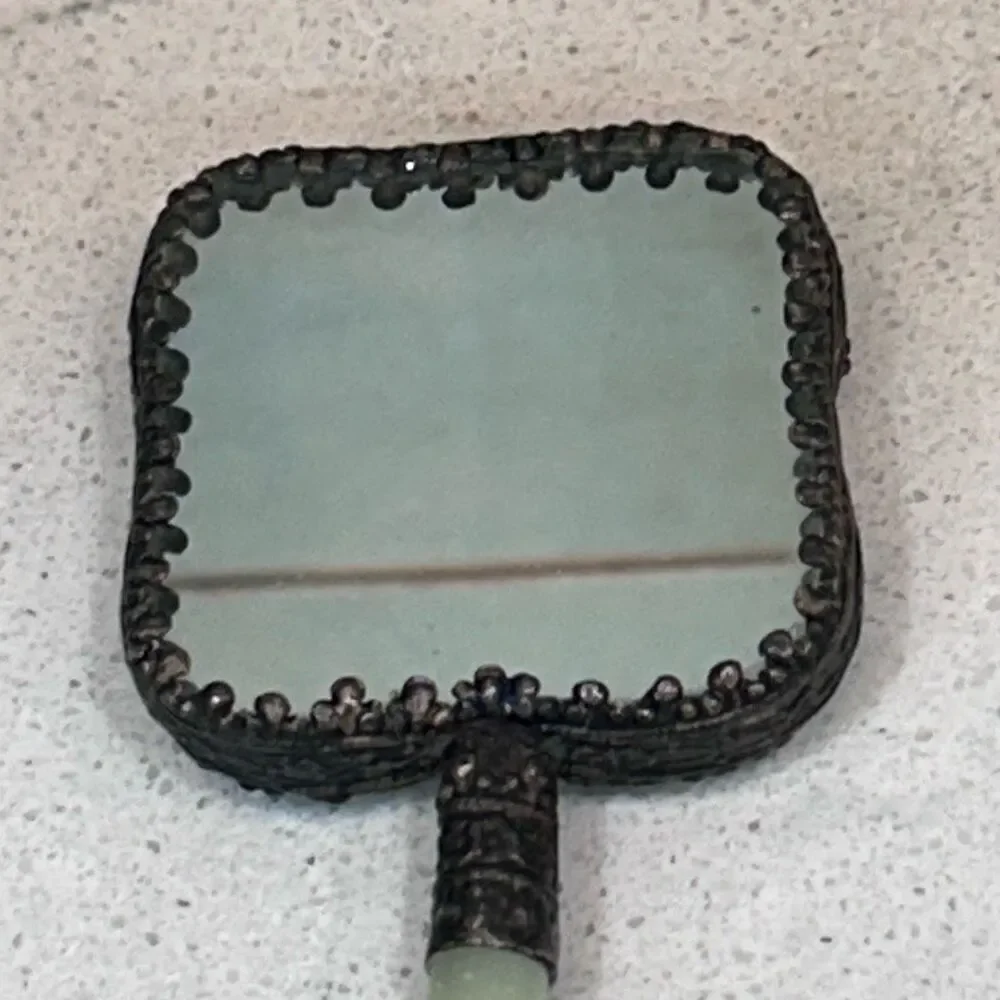 Vtg Chinese Hand Mirror Rounded Corner Squircle W/ Jade Handle & Porcelain Back